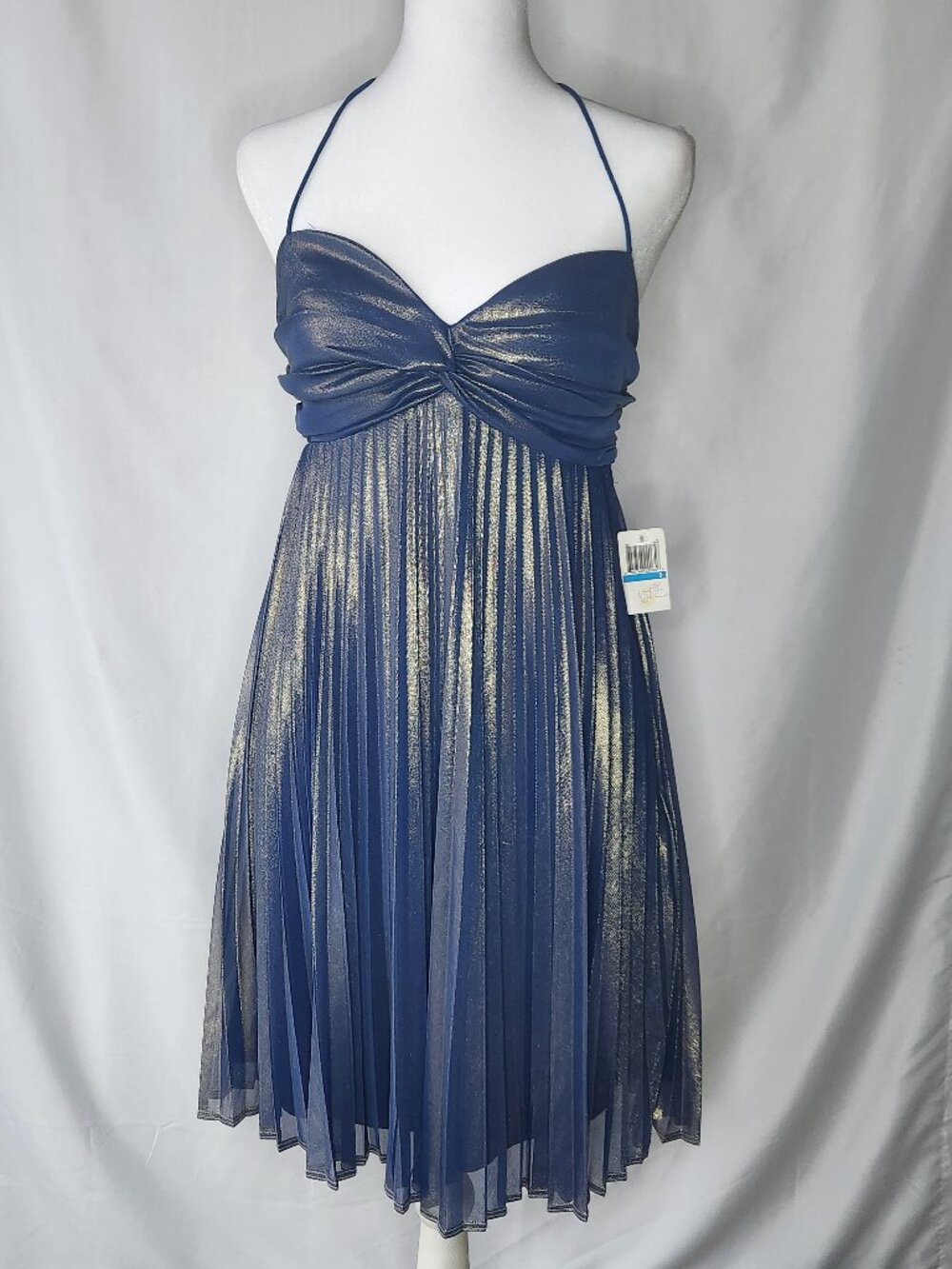Y2K Zum Zum Iridescent Blue Minidress Halter Neck Pleated Skirt Size 9/10